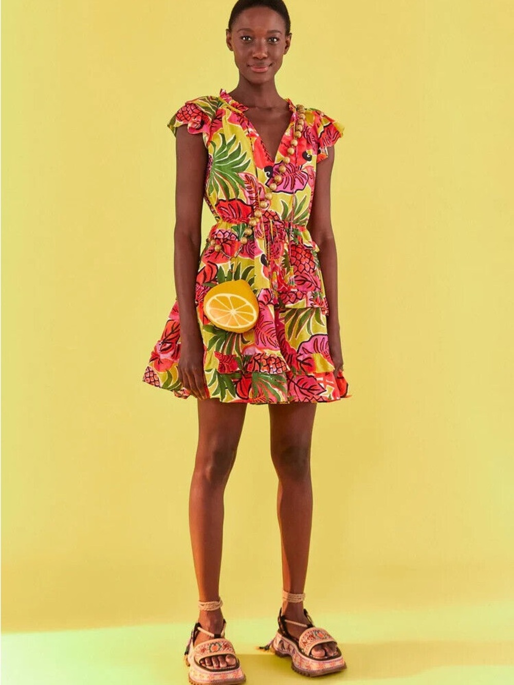 FARM Rio Fruit Dream Ruffle Mini Dress Tropical Pineapple Pink Yellow Size XS